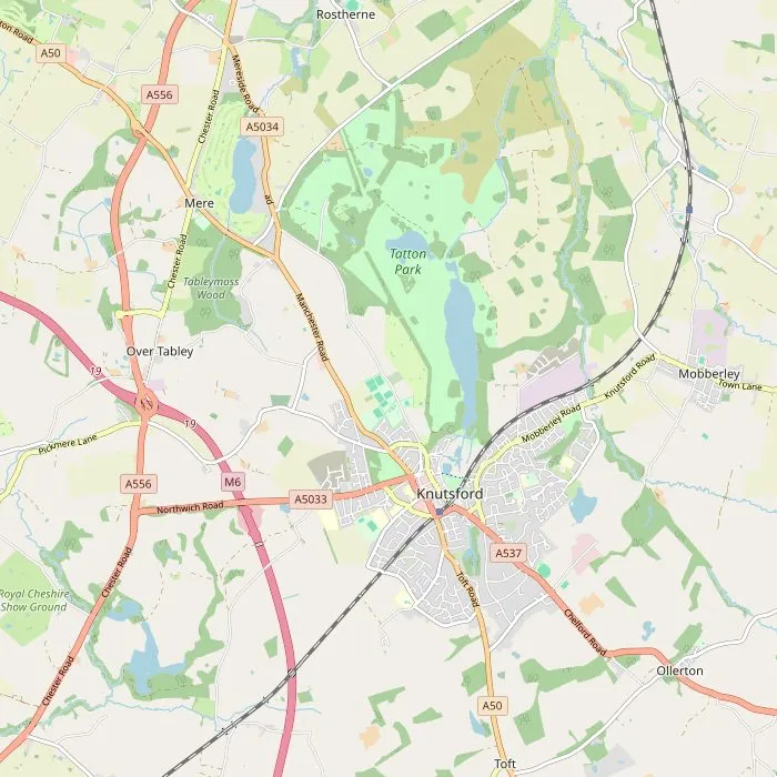 Kaart van Knutsford en omgeving met de acht bezienswaardigheden