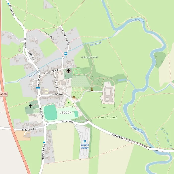 Kaart van Lacock met Lacock Abbey, de High Street en de kerk van St Cyriac