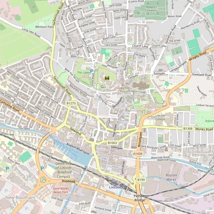 Kaart van Lincoln met de kathedraal, het kasteel, Steep Hill, het Bishop's Palace, Brayford en de Newport Arch