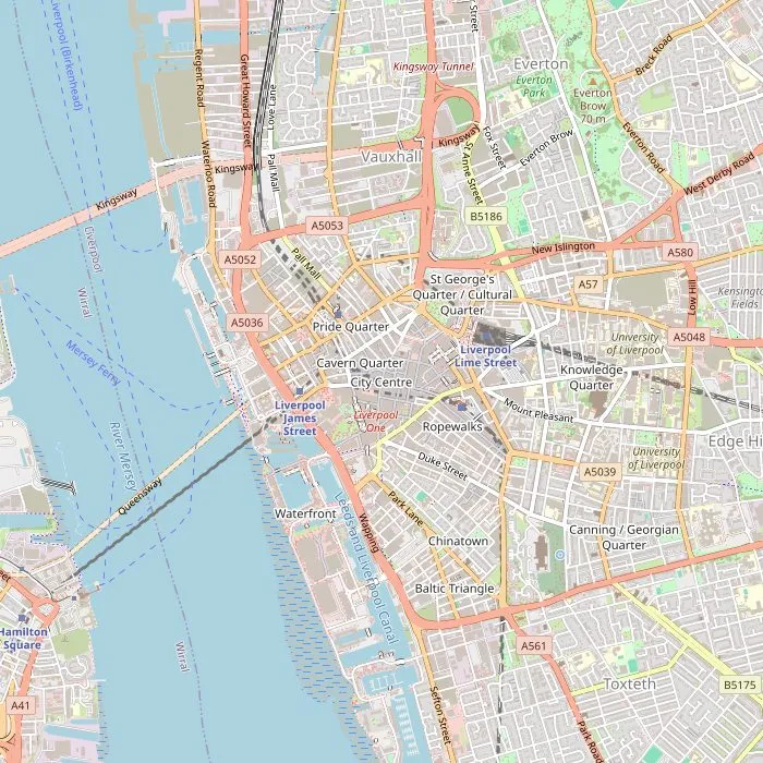 Kaart van het centrum van Liverpool met de bezienswaardigheden