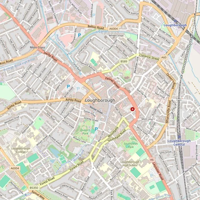 Kaart van Loughborough met de Great Central Railway, de klokkengieterij, Queen's Park en de markt