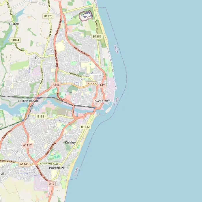 Kaart van Lowestoft met vijf van de zeven bezienswaardigheden