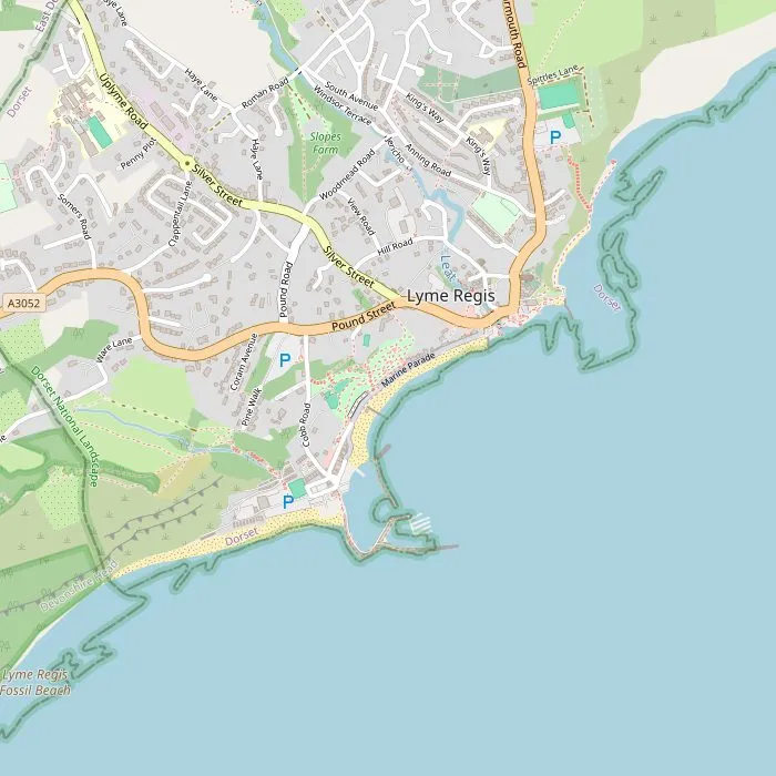 Kaart van Lyme Regis met de Cobb, Monmouth Beach, de musea en de tuinen