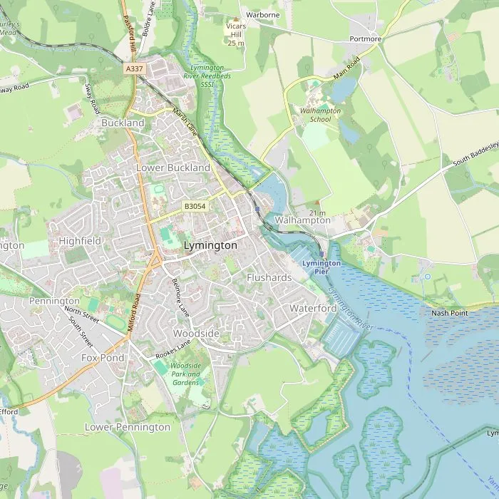 Kaart van het centrum van Lymington met vijf van de zes bezienswaardigheden