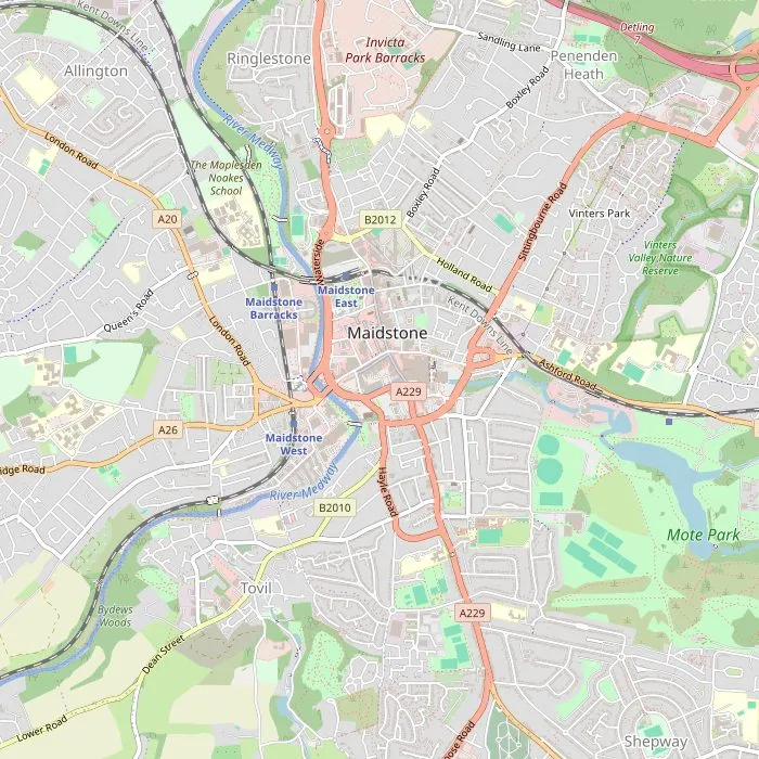Kaart van Maidstone met het museum, het paleis aan de Medway en Mote Park