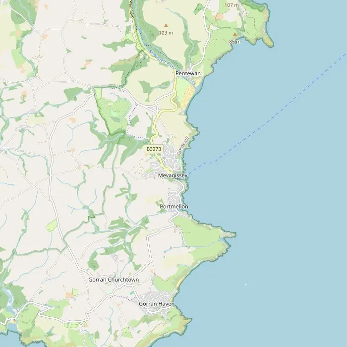 Kaart van Mevagissey met vier van de zes bezienswaardigheden