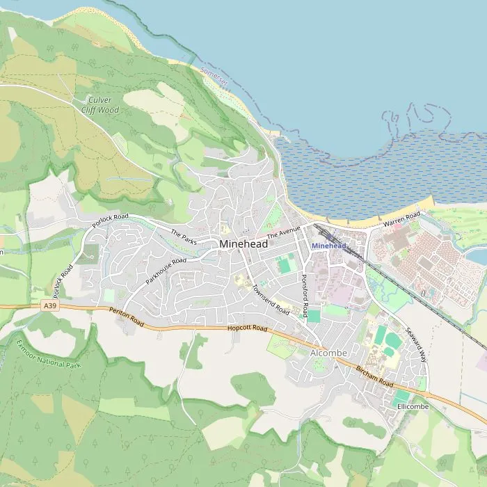 Kaart van Minehead met vijf van de zeven bezienswaardigheden