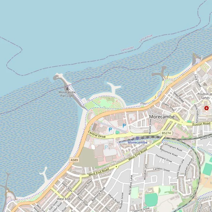 Kaart van Morecambe met het beeld, het theater, het Midland Hotel en de Stone Jetty