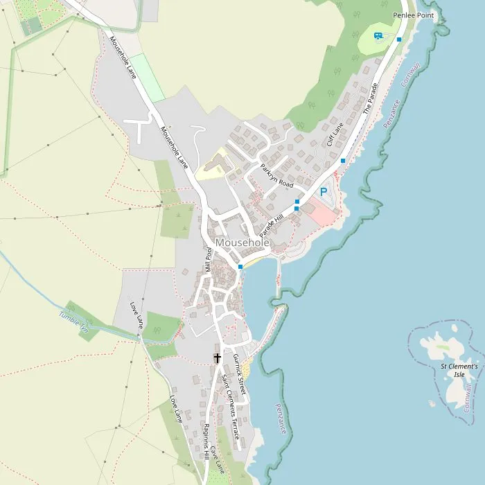 Kaart van Mousehole met vijf van de zes bezienswaardigheden