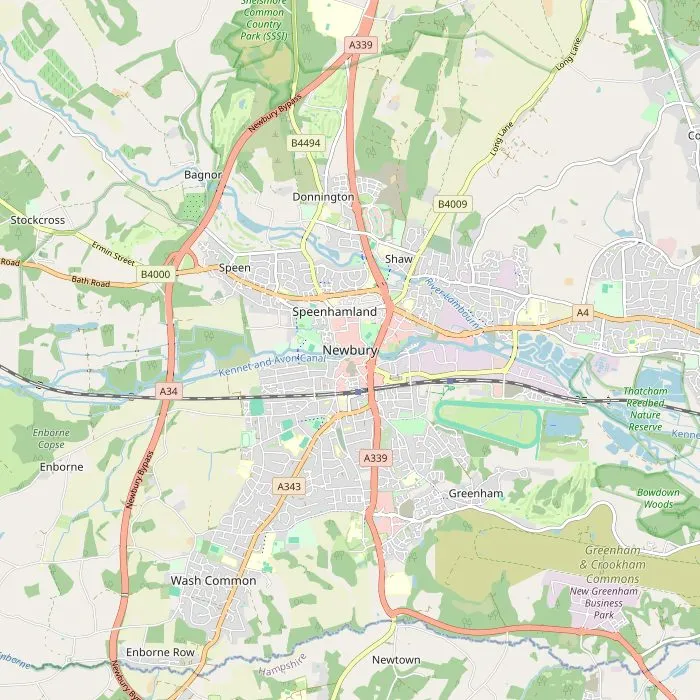 Kaart van Newbury met vijf van de zeven bezienswaardigheden