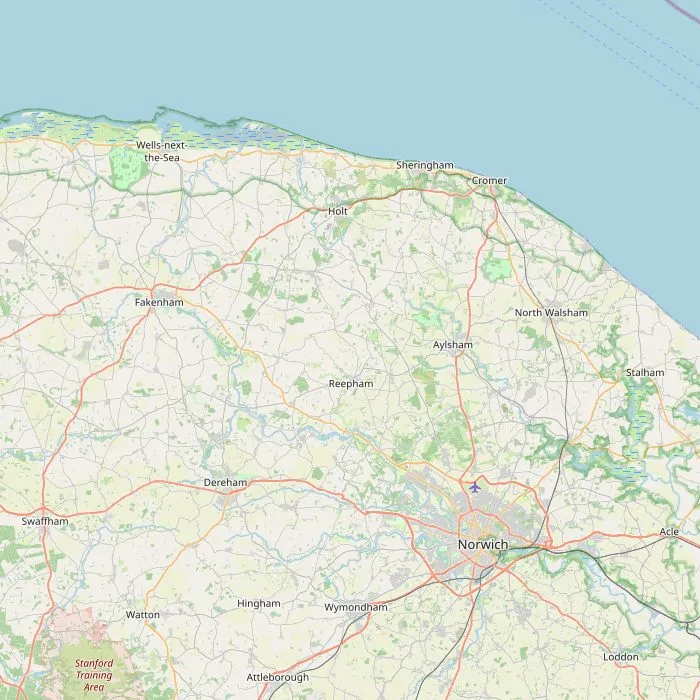Kaart van Norfolk met Norwich, de Broads, de noordkust en de landhuizen