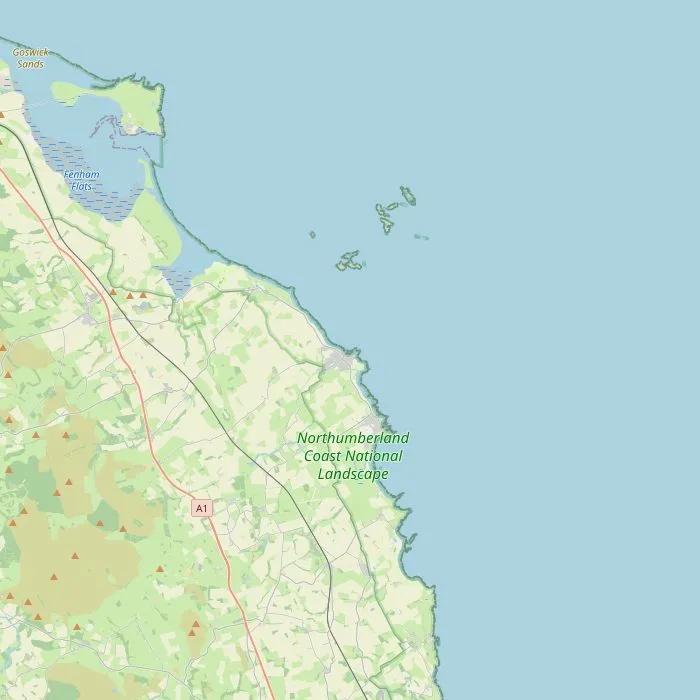 Kaart van de kust van Northumberland met Bamburgh, Holy Island, de Farne Islands en Dunstanburgh