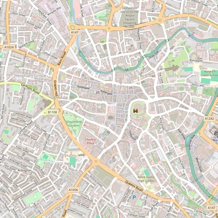 Kaart van het centrum van Norwich met de bezienswaardigheden