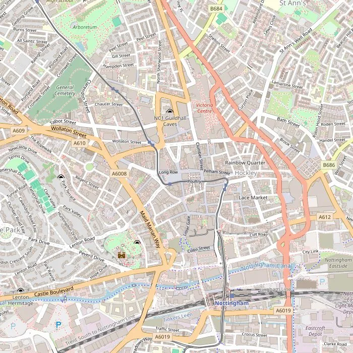 Kaart van het centrum van Nottingham met de bezienswaardigheden