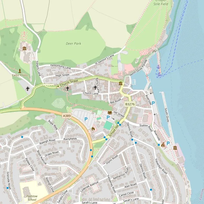 Kaart van Padstow met de haven, de restaurants, de kwekerij en Prideaux Place