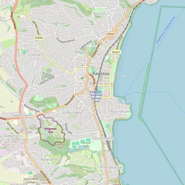 Kaart van Paignton met de pier, de haven, het station, de dierentuin en Oldway