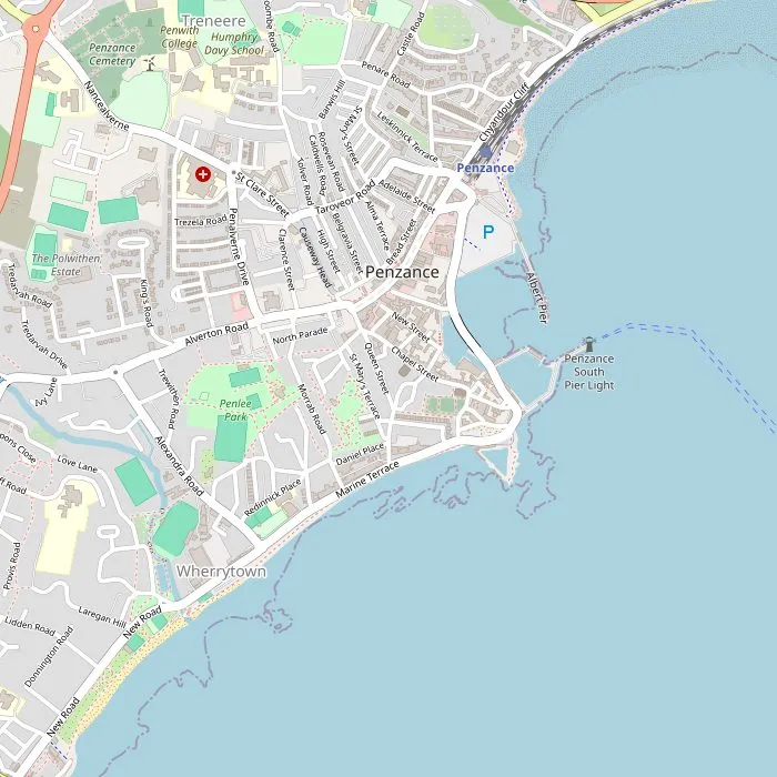 Kaart van Penzance met Chapel Street, het zeebad, de haven en de promenade