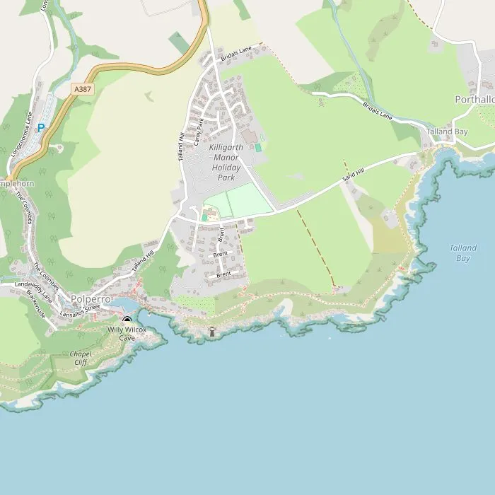 Kaart van Polperro met de haven, Chapel Cliff en het kustpad naar Talland Bay