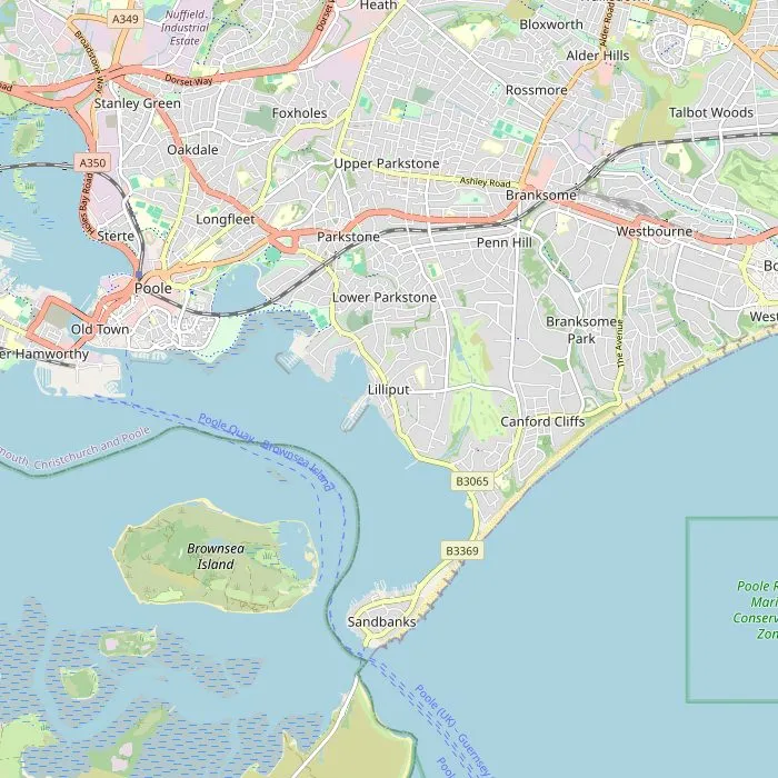 Kaart van Poole met Brownsea Island, Poole Museum en Compton Acres