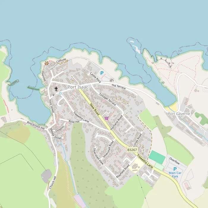 Kaart van Port Isaac met de haven, de filmlocaties, het steegje en Port Gaverne