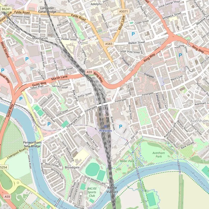 Kaart van het centrum van Preston met de Harris, St Walburge's, de parken en de markt