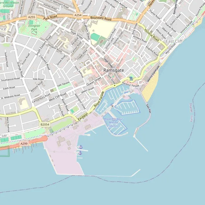 Kaart van Ramsgate met de haven, de tunnels en de kerk van Pugin