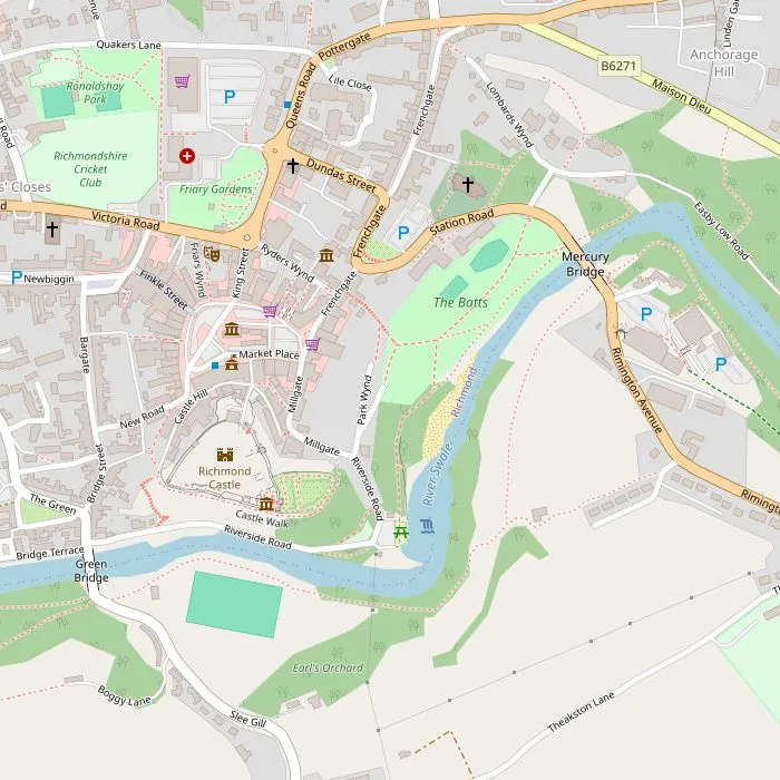 Kaart van Richmond met het kasteel, het theater, het museum, de Richmond Falls en het oude station
