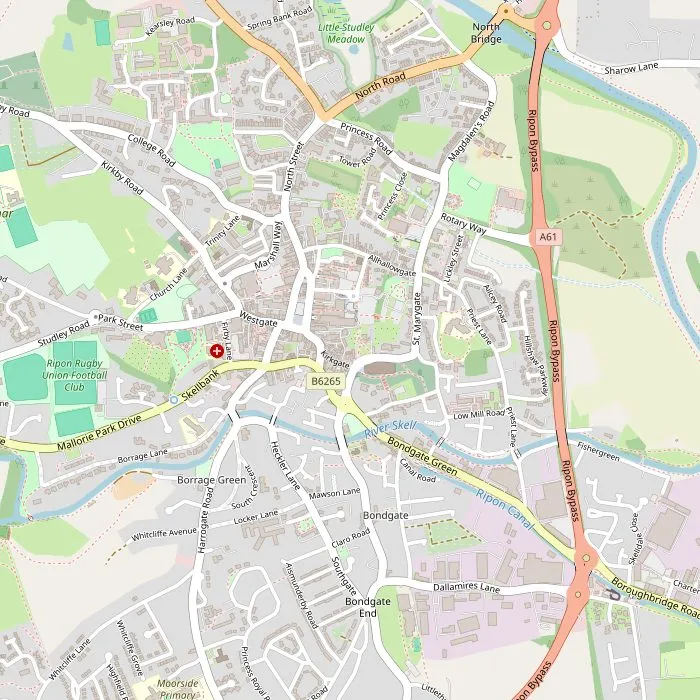Kaart van Ripon met de kathedraal, de musea, het plein en het kanaal