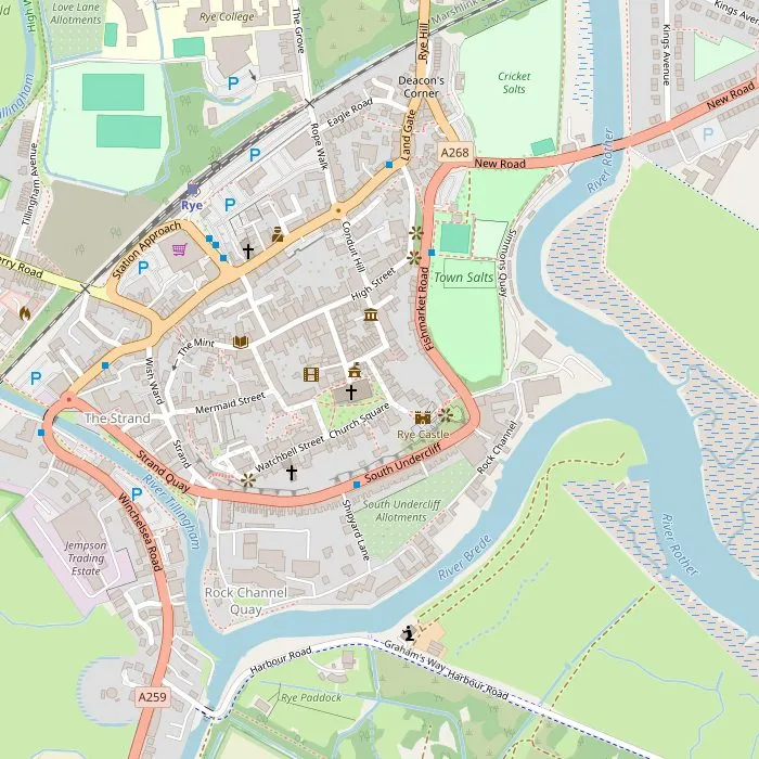 Kaart van het oude centrum van Rye met Mermaid Street, de kerk, de Ypres Tower en Lamb House