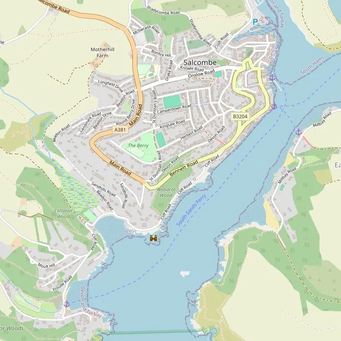 Kaart van Salcombe met de haven, de stranden, het museum, Overbeck's en Mill Bay