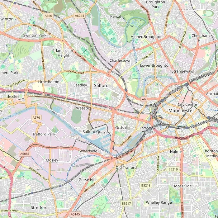 Kaart van Salford met de zeven bezienswaardigheden
