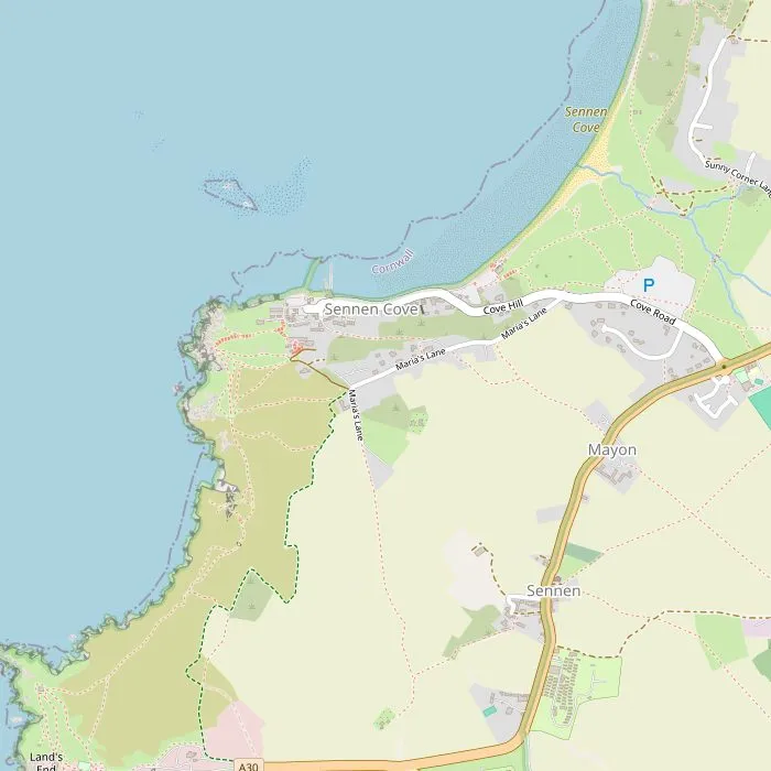 Kaart van Sennen Cove met het strand, het kustpad en het reddingstation