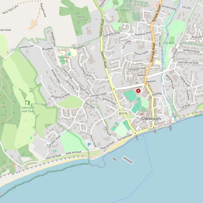 Kaart van Sidmouth met de boulevard, Connaught Gardens, het museum en The Byes