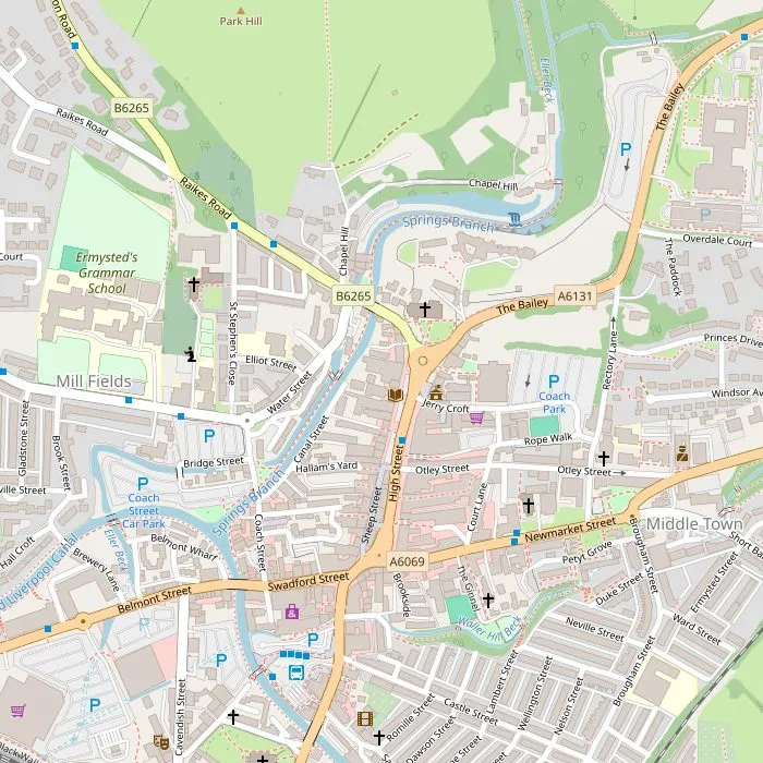 Kaart van Skipton met het kasteel, de High Street, het kanaal, het museum en de kerk