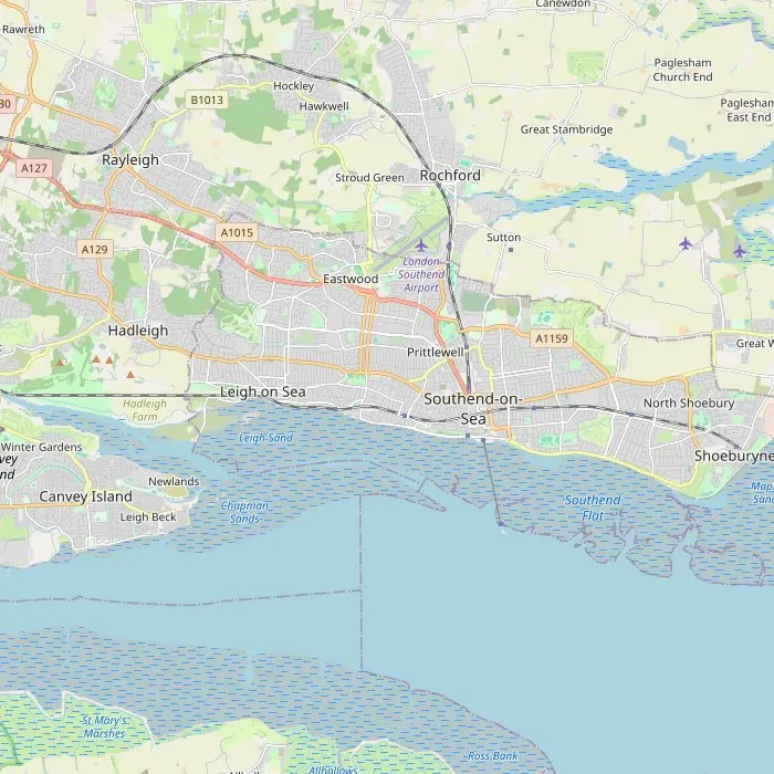 Kaart van Southend-on-Sea en Leigh met de zes bezienswaardigheden