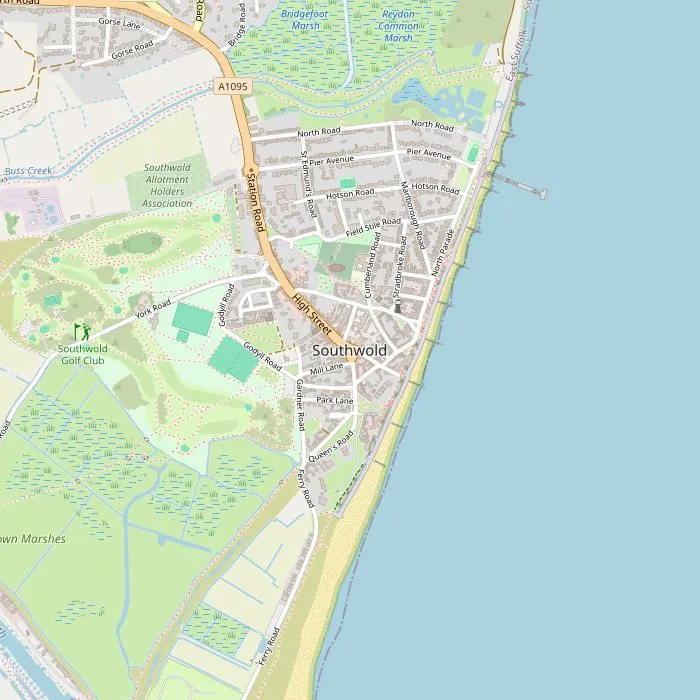 Kaart van Southwold met de zeven bezienswaardigheden