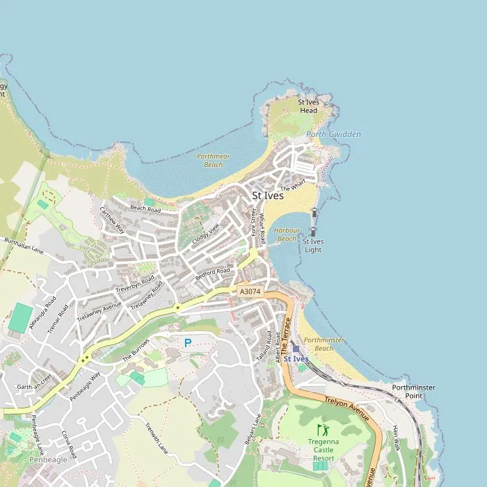 Kaart van St Ives met de Tate, het Hepworth-museum, de stranden en de haven