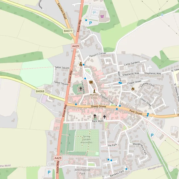 Kaart van Stow-on-the-Wold met de kerk, het marktplein en de winkelstraten