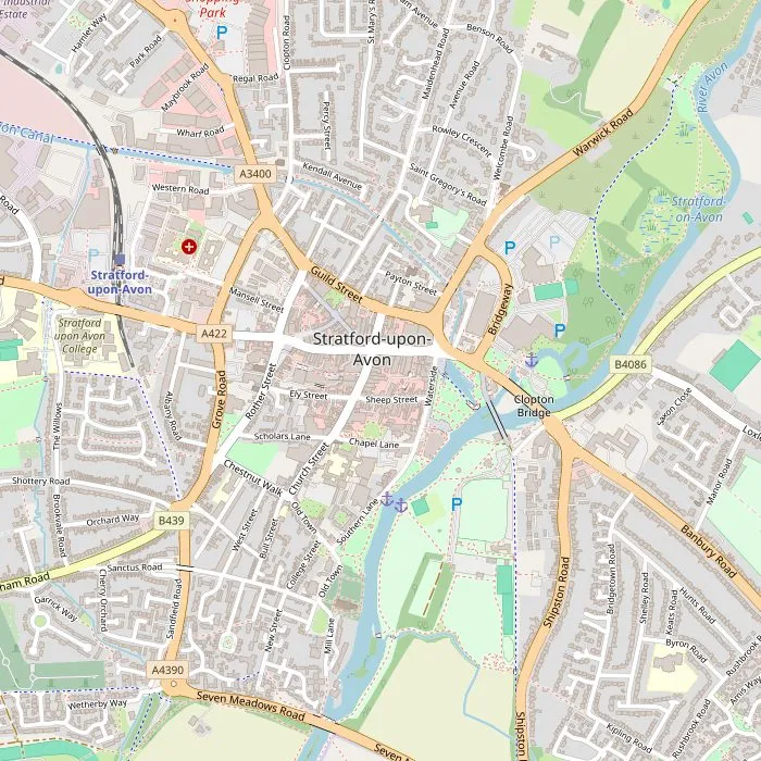 Kaart van Stratford-upon-Avon met het geboortehuis, de kerk, het theater en de tuinen