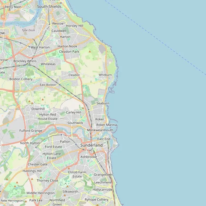 Kaart van de kust bij Sunderland met Roker Pier, St Peter's Church en Souter Lighthouse