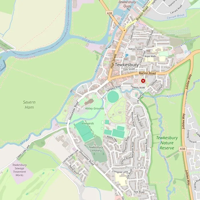 Kaart van Tewkesbury met de zes bezienswaardigheden