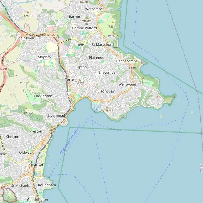 Kaart van Torquay met de zes bezienswaardigheden