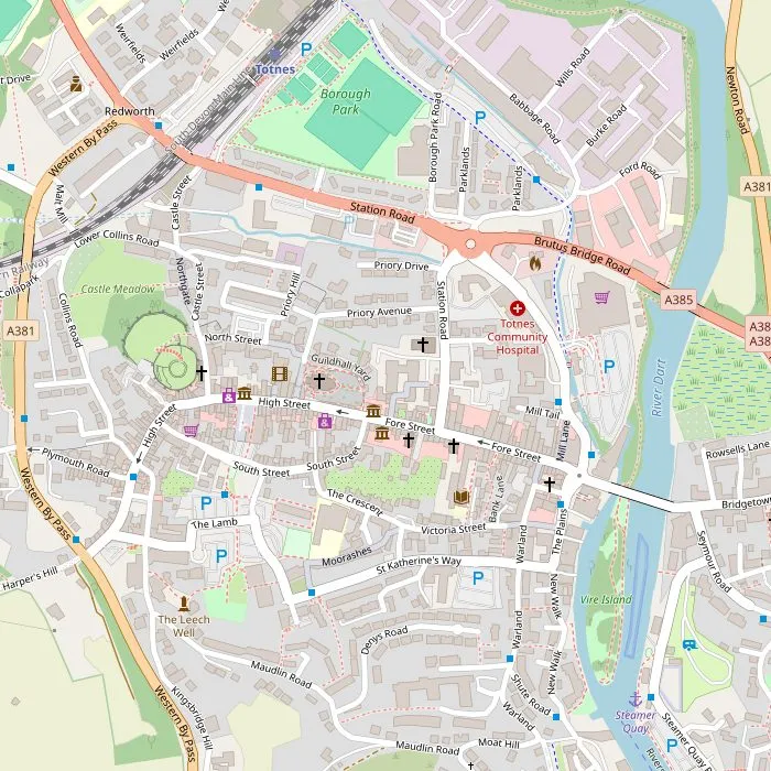 Kaart van Totnes met het kasteel, de High Street, het museum en de kade