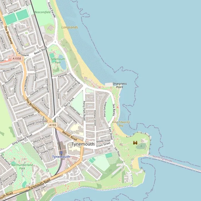 Kaart van Tynemouth met de priorij, het strand Longsands en het station