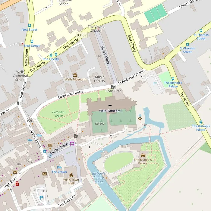 Kaart van Wells met de kathedraal, het Bishop's Palace, Vicars' Close en het museum