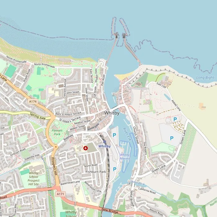 Kaart van Whitby met de abdij, de treden, de musea en de haven
