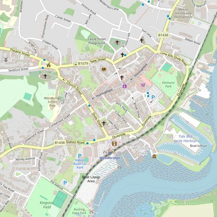 Kaart van Woodbridge met de getijdenmolen, de loods, Market Hill en Sutton Hoo