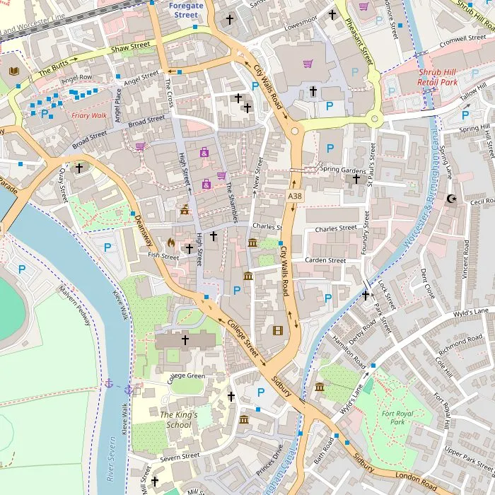 Kaart van het centrum van Worcester met de zes bezienswaardigheden