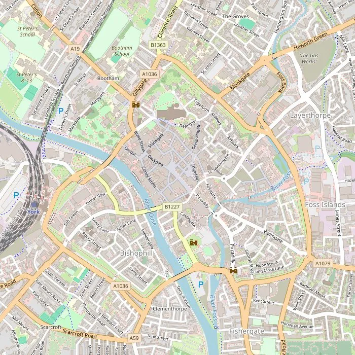 Kaart van het centrum van York met de bezienswaardigheden