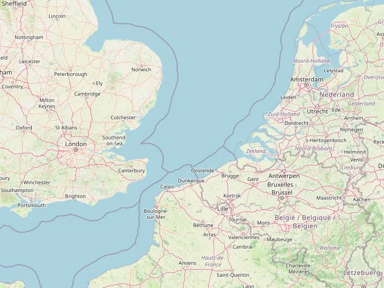 Kaart met de routes vanuit Nederland naar Arundel